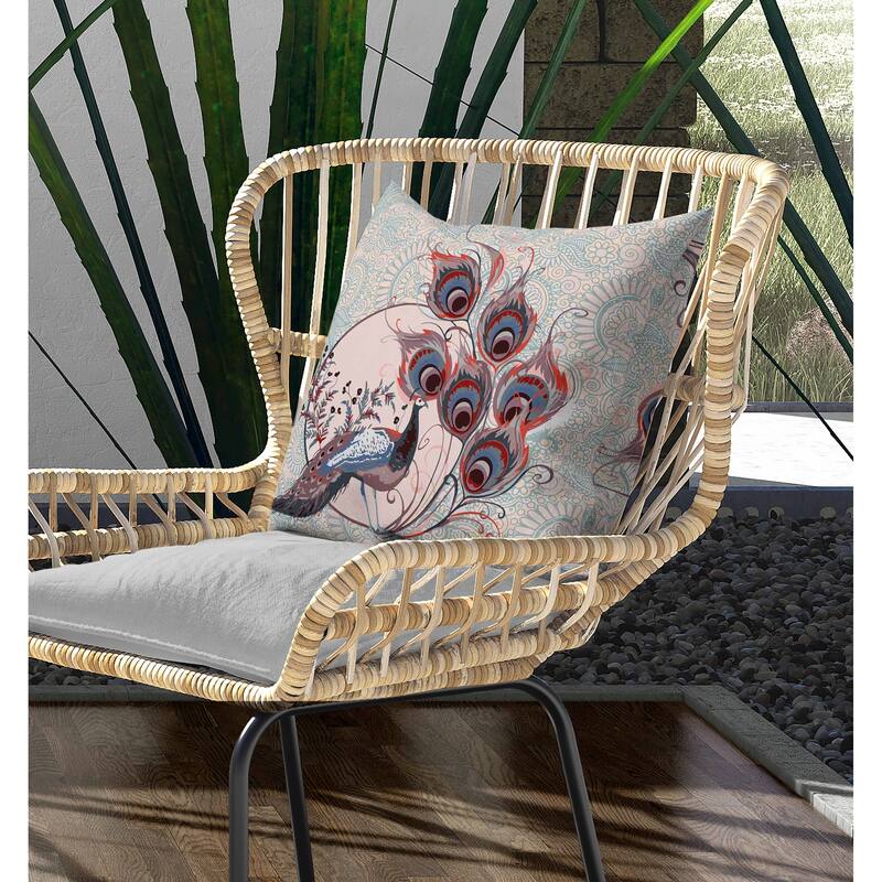 Paisley Peacock Dreams Indoor/Outdoor Reversible Throw Pillow Pink and Opal