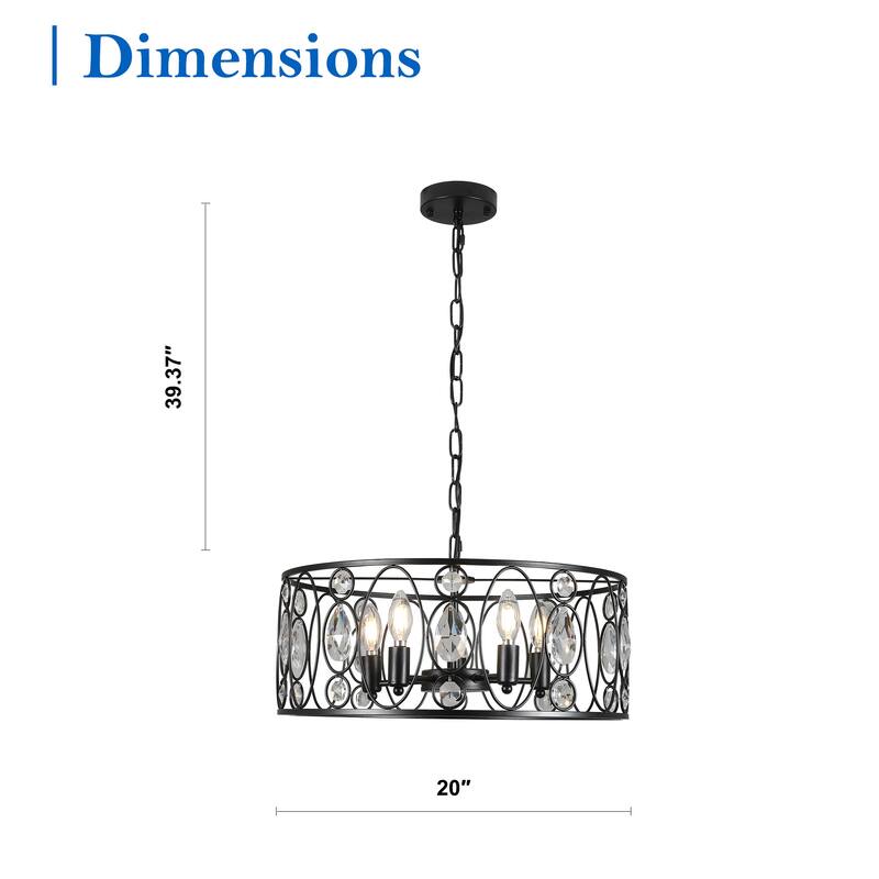 CurveCurio 20" Luxury Matte Black Vintage Caged Chandelier w Crystal Accent, 5-Light and 70" Adjustable Hanging Chain