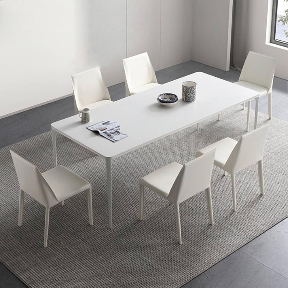 Modern Classical White Stone Dining Table for 8 with Rectangular Sintered Stone Tabletop, Aluminum Alloy Table Legs