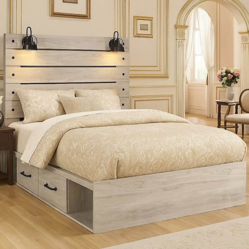 Cemy Rustic Queen Panel Bed, 2 Sconce Lights and Drawers, Whitewash