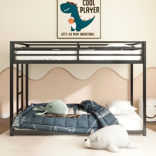 Low Profile Twin over Twin Bunk Bed with Ladder and Guardrails