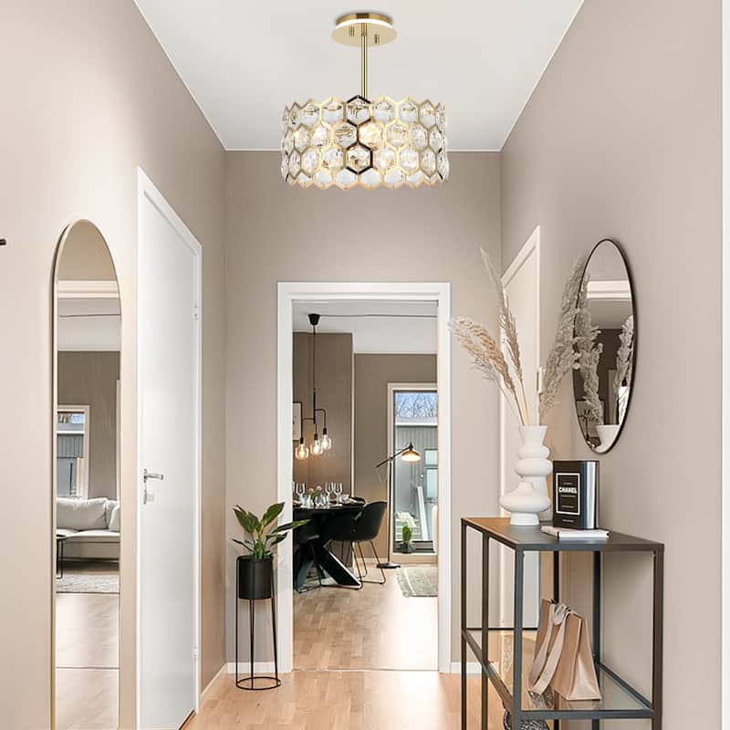 Modern Gold 3-Light Crystal Drum Pendant Ceiling Light for Dining Room