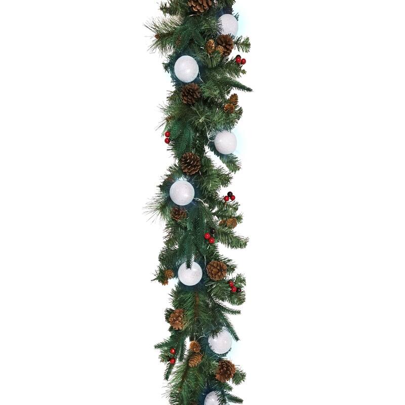 6ft Artificial Mixed Berry Pine Cone & Pine Christmas Garland with Woven Globe String Light Set - 72" L x 9" W x 6" DP - 72" L x 9" W x 6" DP - Green Red