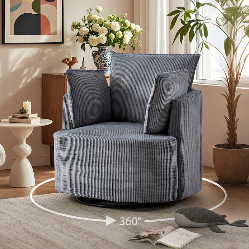 Swivel Accent Chair,360°Swivel Barrel Chair with 3 Pillows Corduroy Round Armchair Single Sofa Chair for Living Room Bedroom