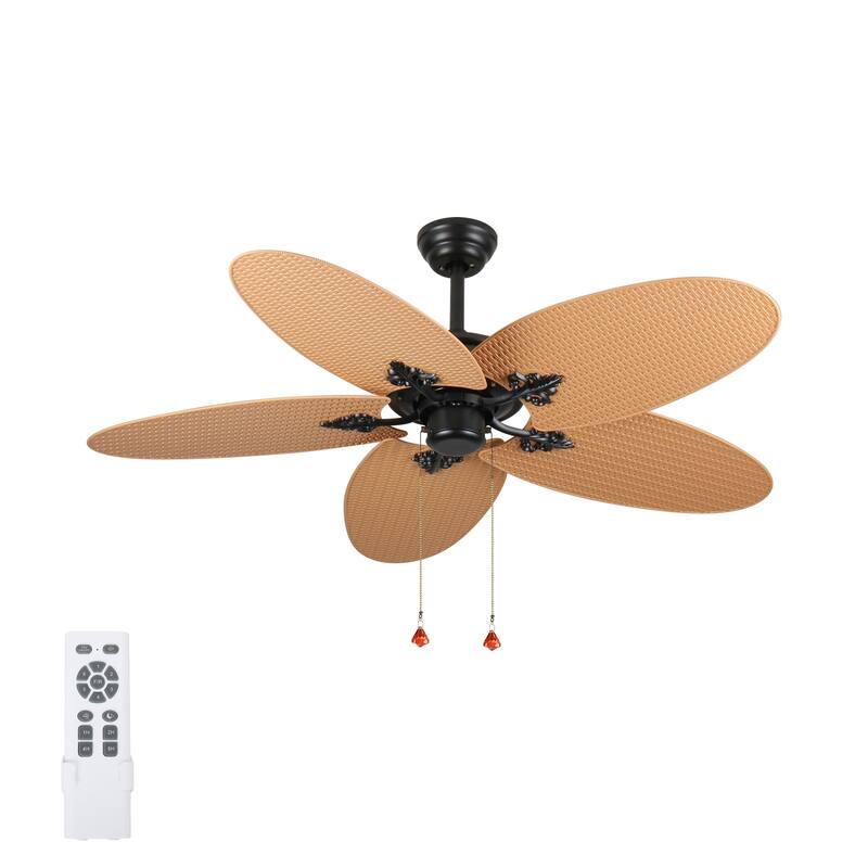 52"Tropical Ceiling Fan with 5 Palm Leaf Blades, Indoor/Outdoor No Light Fan, Pull Chain Control, Dual Mounting Options - Acacia Wood