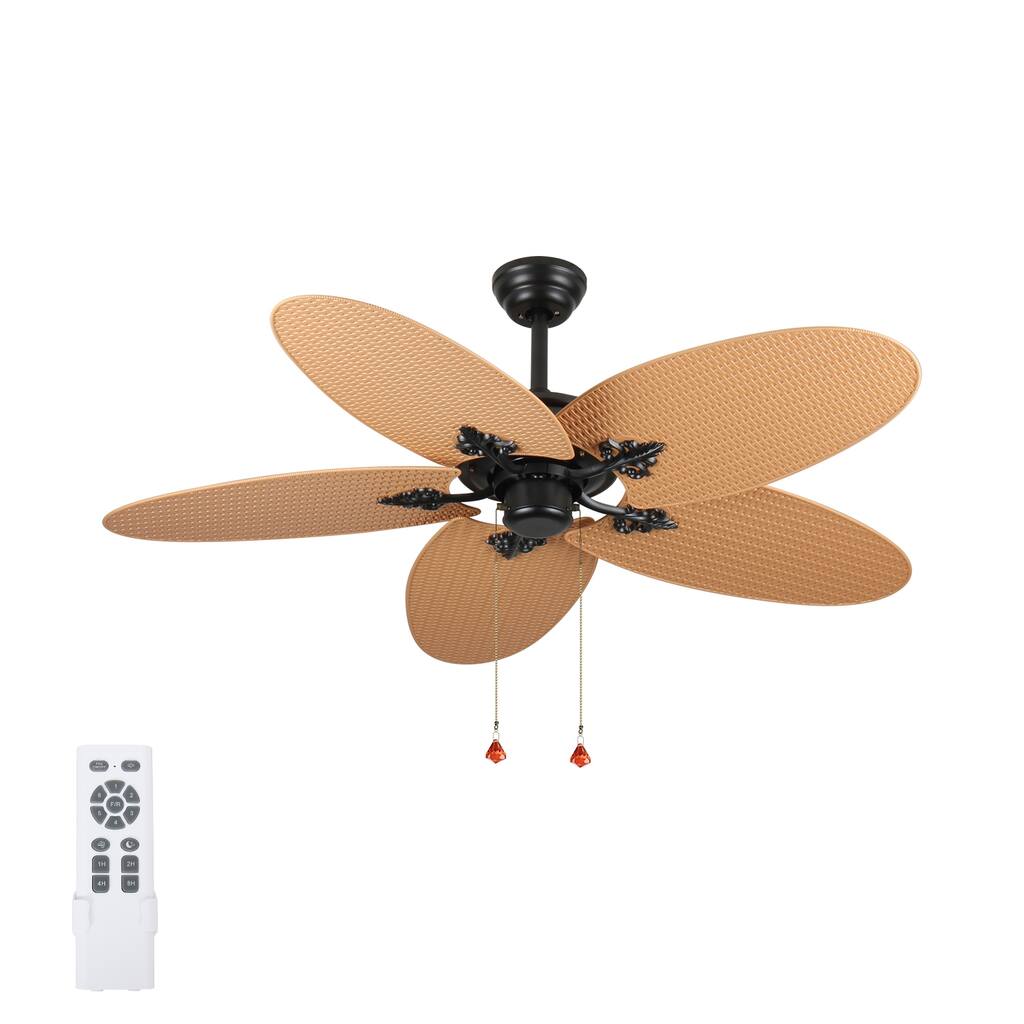52"Tropical Ceiling Fan with 5 Palm Leaf Blades, Indoor/Outdoor No Light Fan, Pull Chain Control, Dual Mounting Options