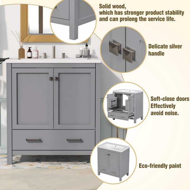 30" White Bathroom Vanity with Single Sink, 2 Doors, and Drawer