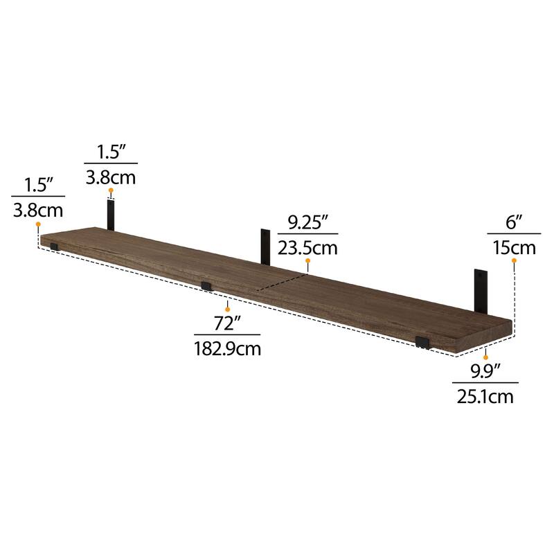 Wallniture Forte Wood Board 72" Long, 9.25'' Deep, 1.5" Thick, Floating Bookshelf for Wall, Hanging Shelf Living Room Decor, 1Pc