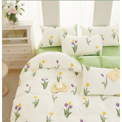 Amy Tulip Farmhouse White Purle 100% Cotton Reversible Comforter Set Queen