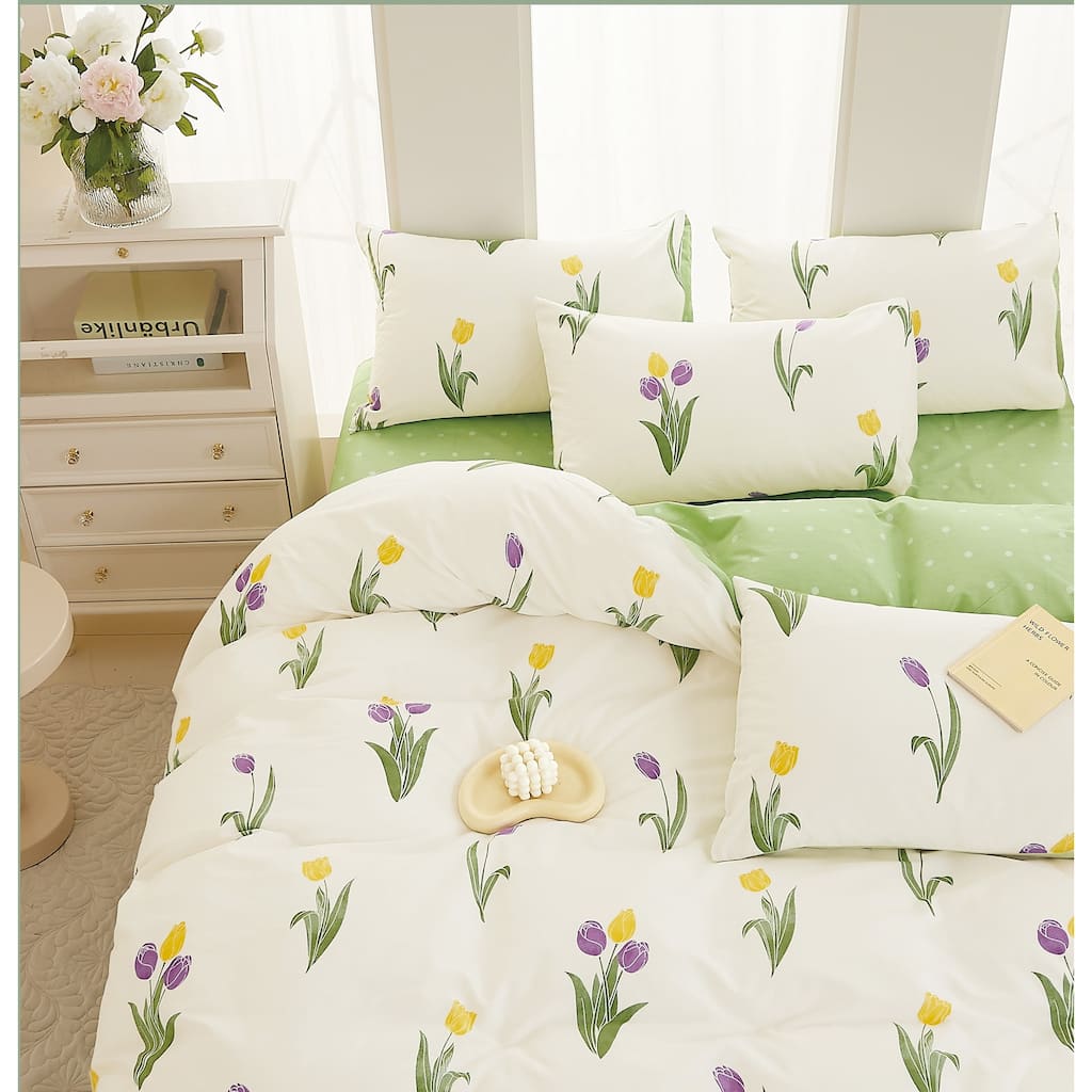 Amy Tulip Farmhouse White Purle 100% Cotton Reversible Comforter Set Queen
