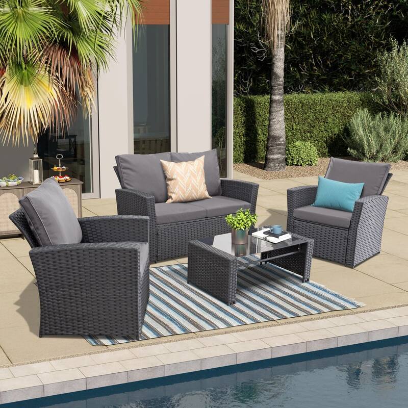 5-Piece Wicker Outdoor Sofa Set with Fire Pit Table
