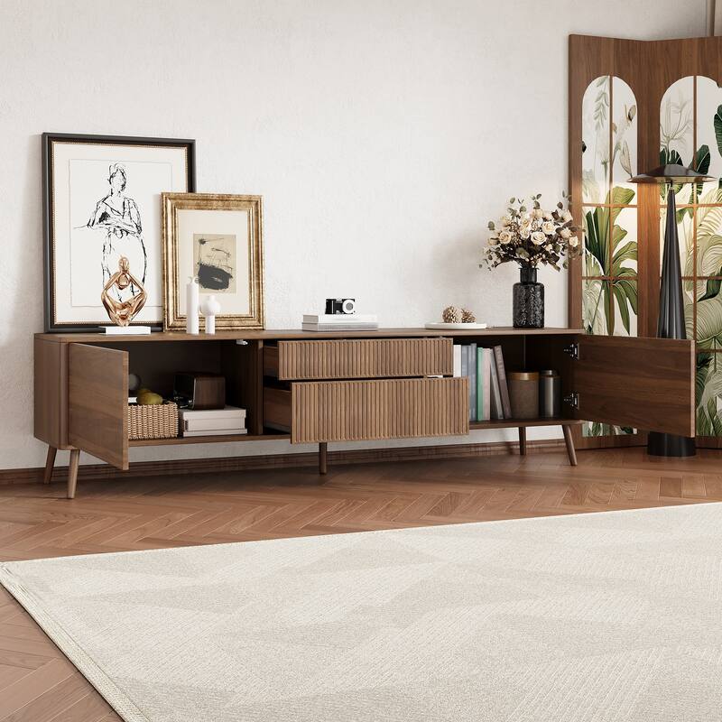 70 inch Fluted TV Stand with Storage Drawers, Entertainment Center Media Console Cabinet with Storage Cabinet