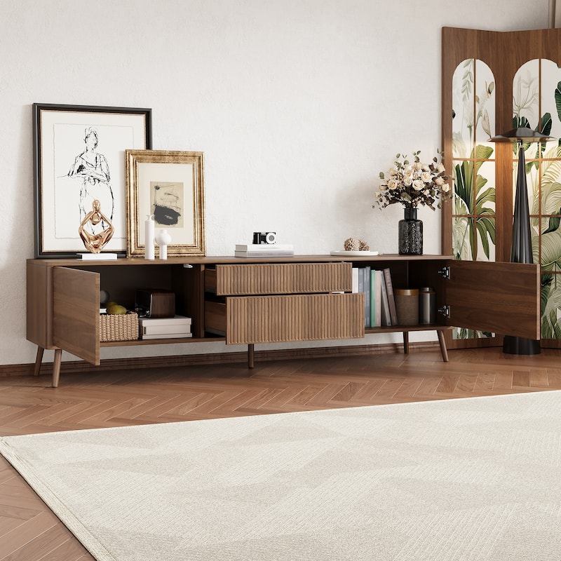 Fluted TV Stand for TVs up to 80", 70" Entertainment Center with Storage Drawer, TV Console with 2 Cabinet