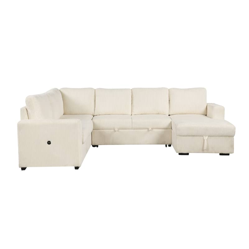 U-Shaped Corduroy Combination Corner Sofa with Storage Lounge Chair, Sectional Couch 6-Seater Sofa with USB Charging Ports