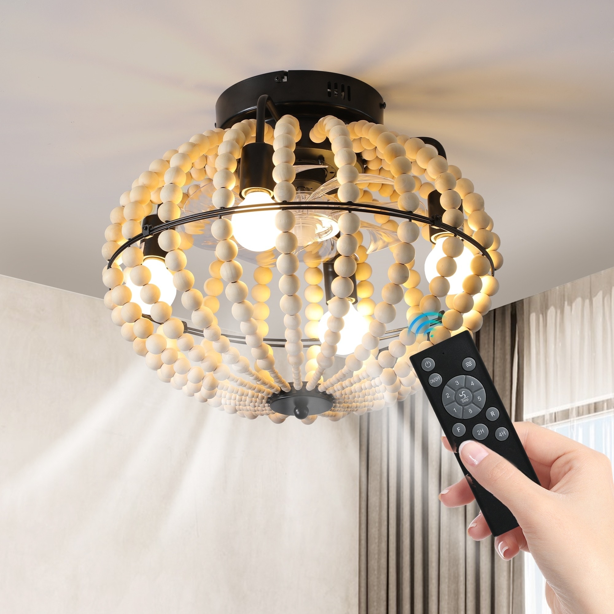 18.1 in. Wood Beaded Ceiling Fan Semi-Flush Mount Ceiling Fan Light with Lights & Remote for Living Room - 18.1