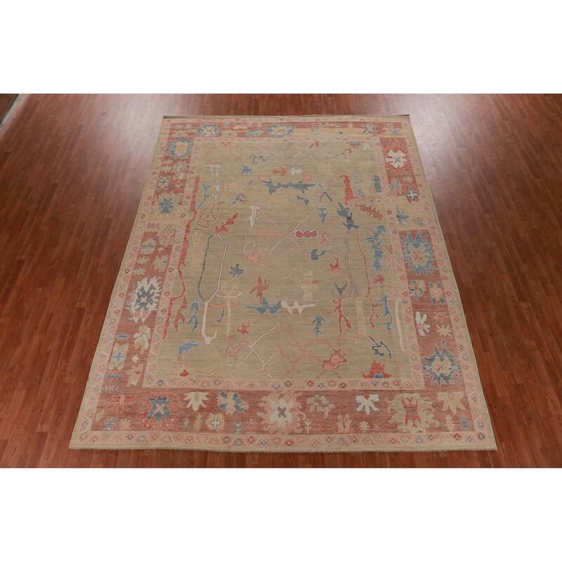 Hand Knotted Oriental 100% Wool Carpet Transitional All-Over Beige & Ivories Oushak Area Rug - 12' 2'' X 9' 4''
