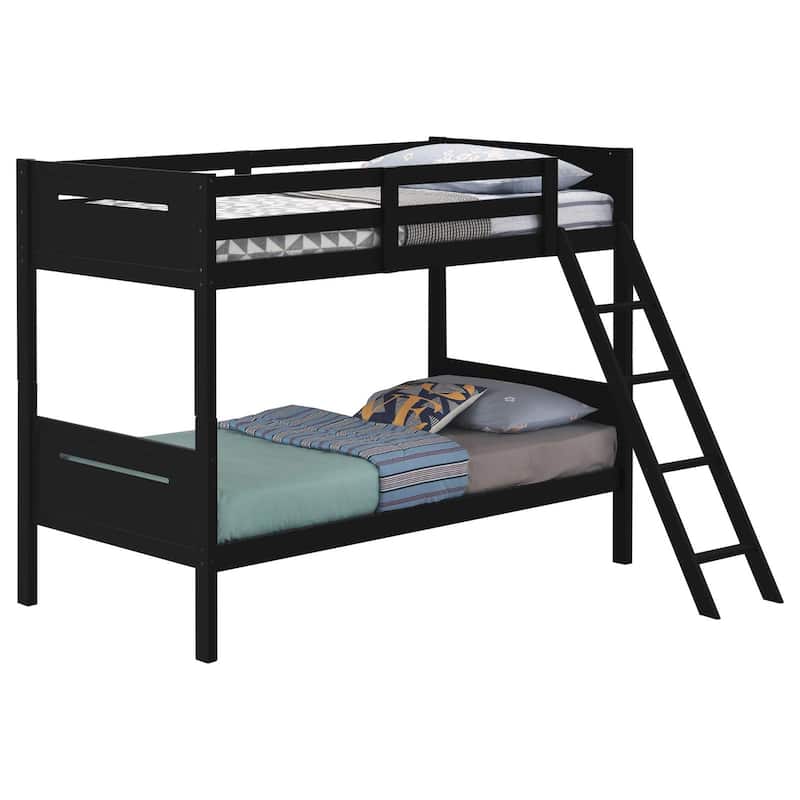 Modern Black Twin/Twin Bunk Bed with Built-in Ladder & Safety Guardrails
