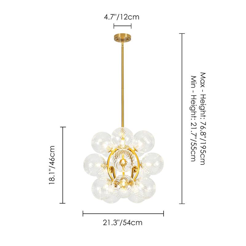 15-Light Brushed Gold Modern Luxury Twisted Glass Globe Iron Chandelier with Adjustable Rod for Living & Dining Rooms