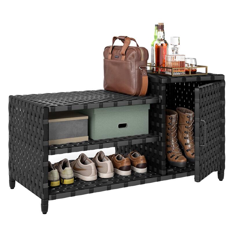 All-Weather Woven Outdoor Shoe Cabinet with 2 Shelfs and Doors, Patio PE Rattan Storage Cabients with Bench