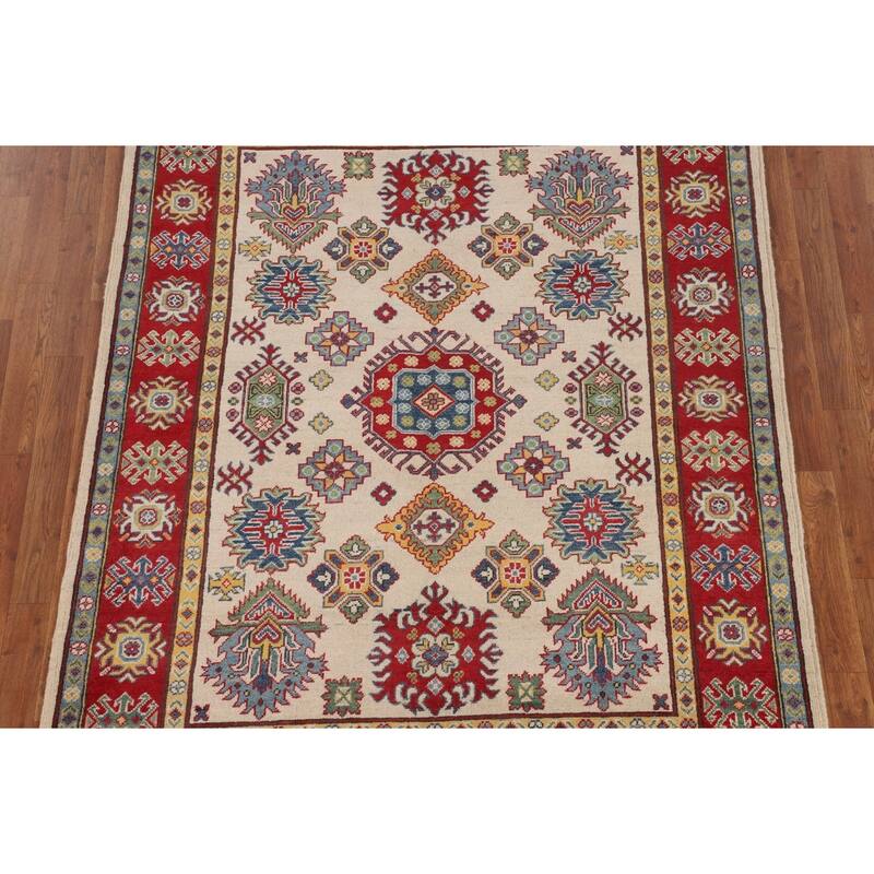 Geometric Ivory Kazak Oriental Area Rug Handmade Wool Carpet - 5'2" x 6'6"