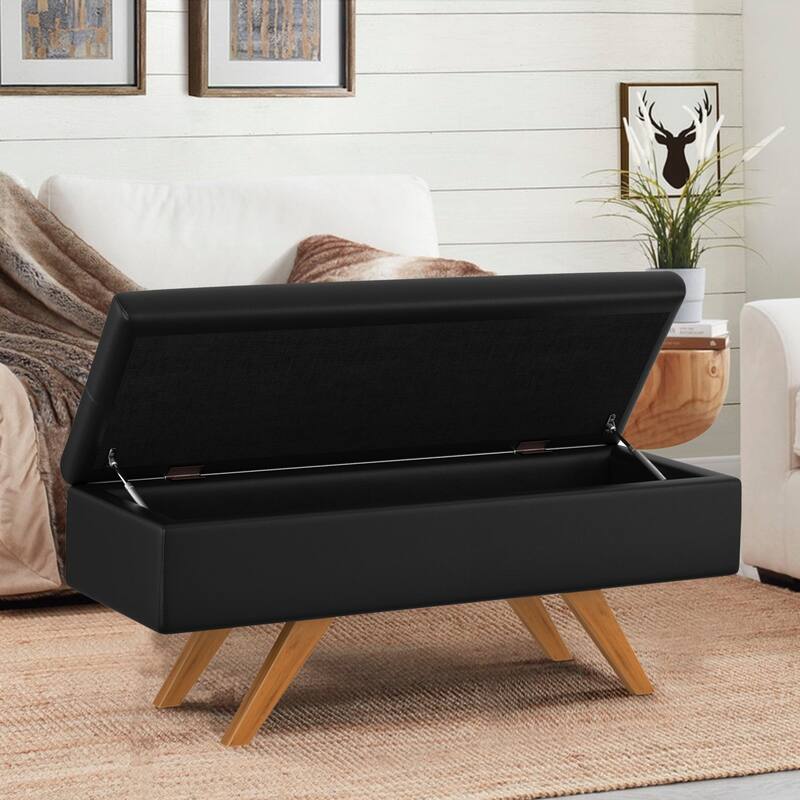 VECELO Black PU Leather Storage Bench 2 Styles with 4-Leg/Angled Legs Multifunctional Ottoman with Hinged Lid for Bedroom