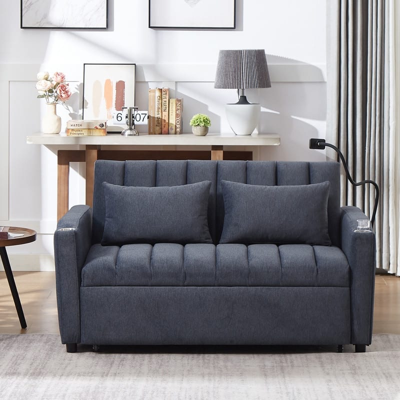 55.9" Convertible Sofa Bed Loveseat Sofa with Three USB Ports, Two Side Pockets, Two Cup Holders and 360°Swivel Phone Holder - Blue