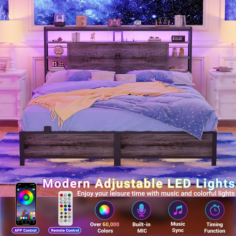 Headboards with Storage Shelves, Head Board with Power Outlet and LED Light for Bed Frame