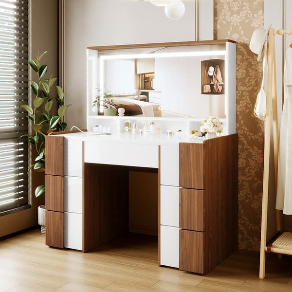 44.4" Elegant Vanity Table with Large Lighted Mirror & Power Outlet, Dressing  Table with 7 Drawers & Shelves, Vanity Desk - Bed Bath & Beyond - 42458266