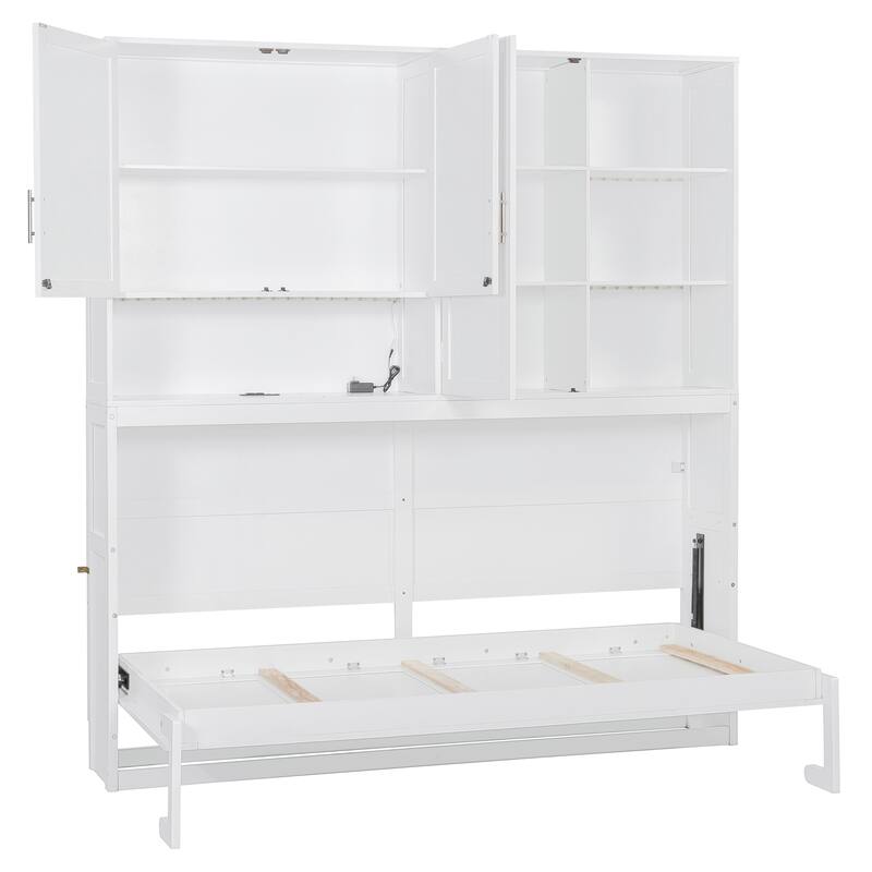 Cube Wall Cabinet Bed Space Saving Murphy Bed Foldable Wooden Bed with Top Cabinet and Light & USB, Twin Size Storage Daybed