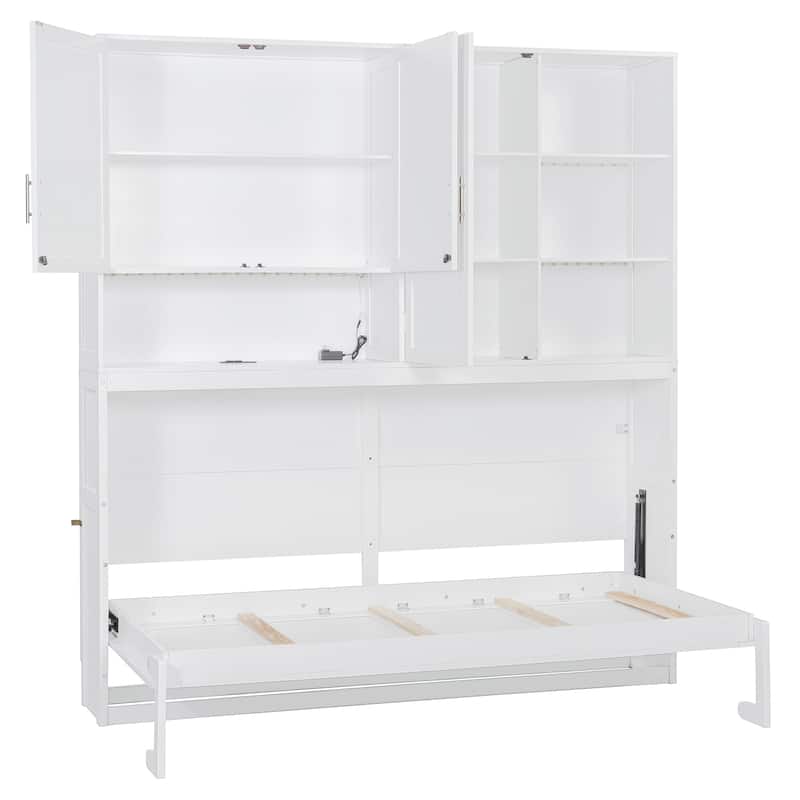 Twin Size Foldable Murphy Bed All-in-one Wall Bed Cabinet with Open Shelves, Top Cabinet, Lights, USB Port and Power Outlets