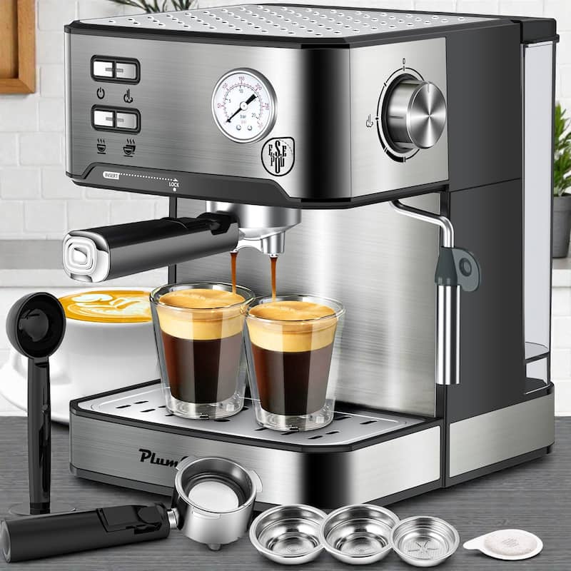 20 Bar Espresso Machine with Milk Frother, Stainless Steel Coffee Maker, Single Double Shot, ESE Pod Compatible - Silver