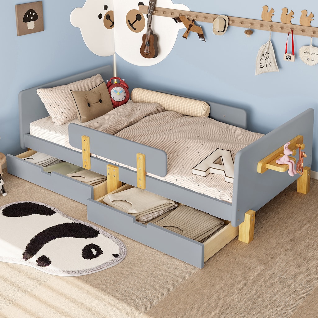 Twin Size Platform Bed with Storage Drawers, Solid Wood Beds Frame with Bed Guardrail, Small Shelf, and Hooks