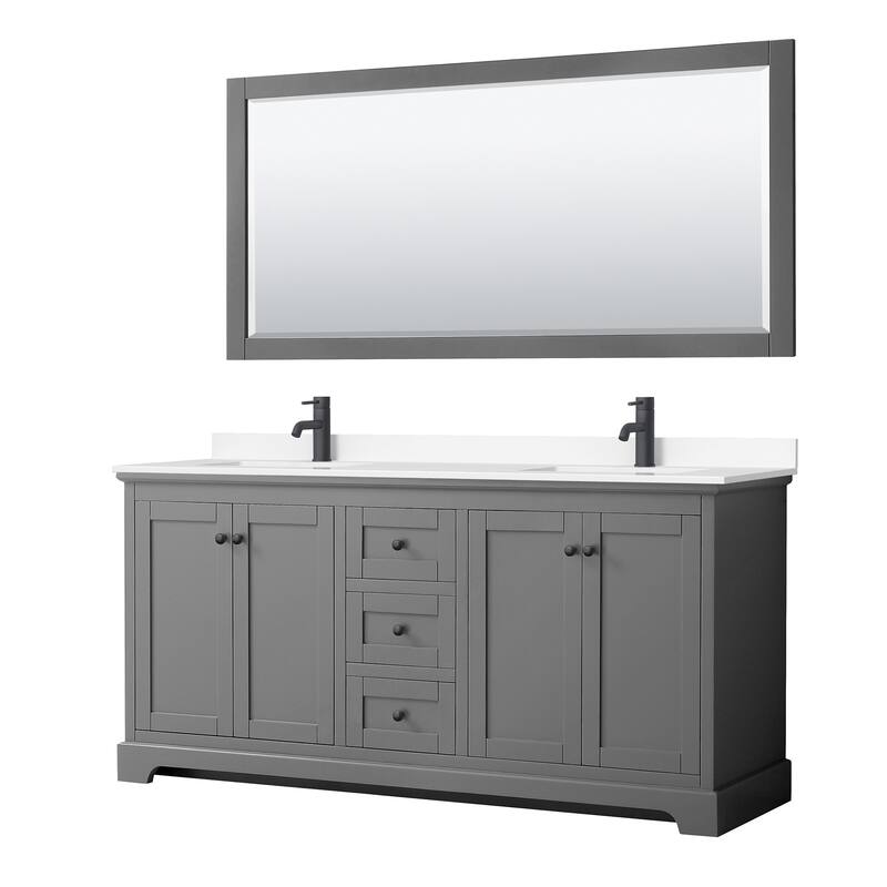 Avery 72 Inch Double Vanity, Cultured Marble Top, 70 Inch Mirror - Dark Gray, Black Trim, White Cultured Marble Top