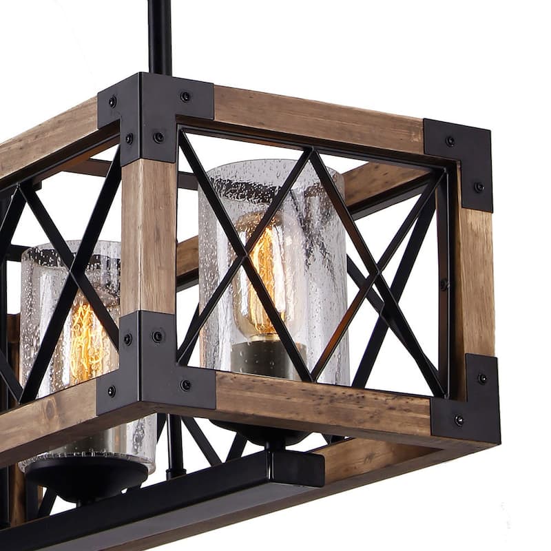 Modern Farmhouse 5-Light Wood Rectangle Chandelier Seeded Glass Kitchen Island Lights for Dining Room - 31.5" L x 8.75" W x 8" H