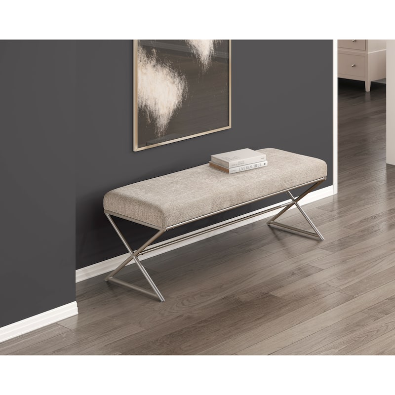 Contemporary Upholstered Bench Taupe Chenille Seat Plush Comfort Home Furniture 1pc Entryway Bench Metal Frame Champagne Finish