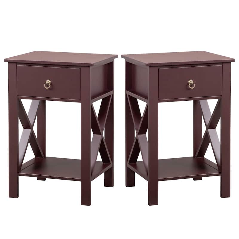 Brown MDF Coffee Side Intersection Tables with 2-Layer Drawers Set of 2 - 15.75 x 11.81 x 23.62 inches (L x W x H) - Brown
