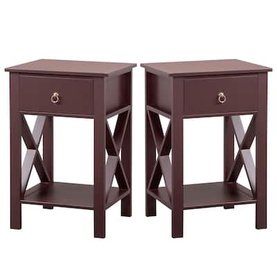 Brown MDF Coffee Side Intersection Tables with 2-Layer Drawers Set of 2 - 15.75 x 11.81 x 23.62 inches (L x W x H)