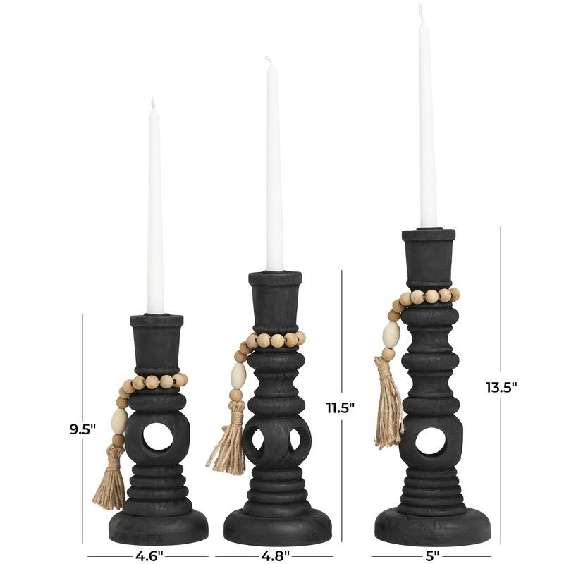 Wood Handmade Textured Matte Decorative Candle Holder with Beaded Garland Accent - Set of 3 Black - Roche River Decor