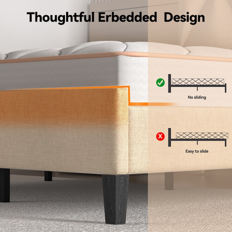 Queen Bed Frame with Headboard,Upholstered Platform Bed Frame Queen Size with Charging Station & LED Lights,Wooden Slats Support