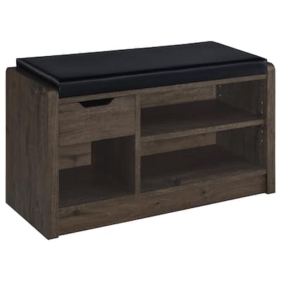 Aryn Storage Bench, Adjustable Shelf, Black Faux Leather, Dark Brown