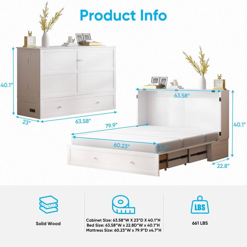 Mixoy Queen Horizontal Murphy Chest Bed with Mattress,Charging Station
