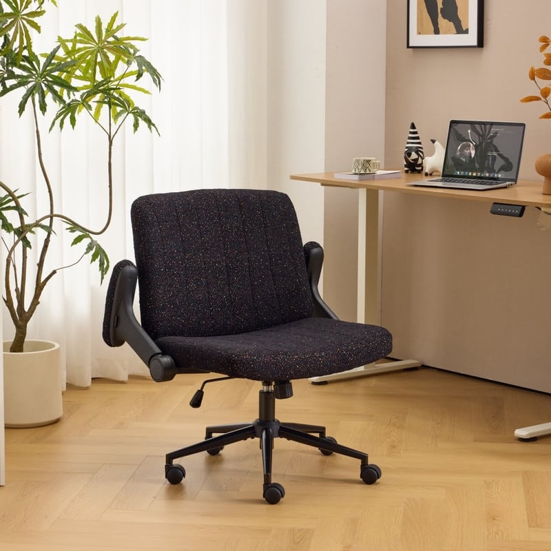 Speckled Chenille Swivel Chair With Flip-Up Arms For Cross-Legged - Black