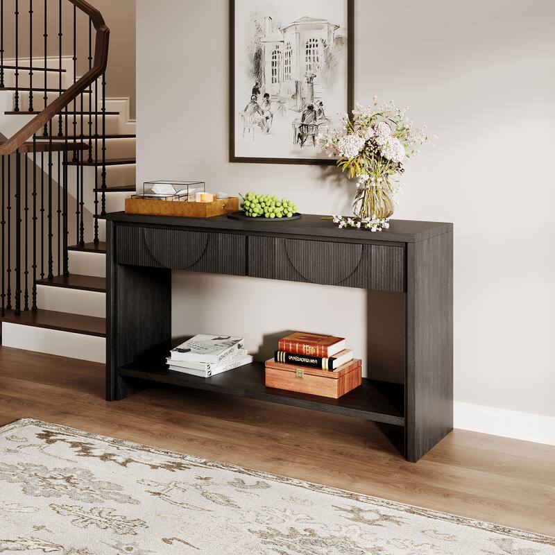 55" Farmhouse Style Console Table with 2 Storage Drawers and Open Shelf - Black