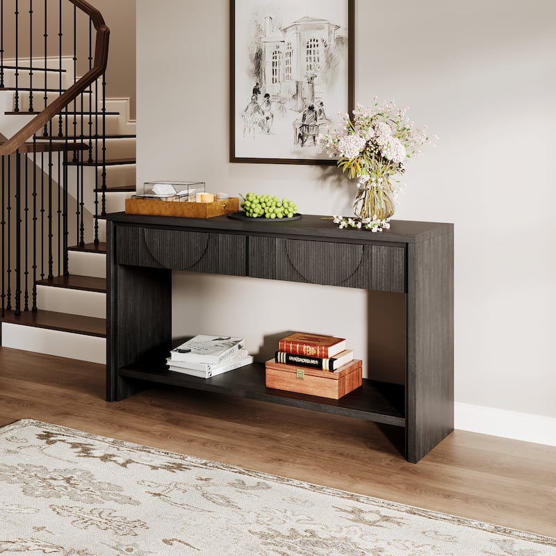 Console Table with Carved Drawers, Wood Sofa Table with Tiered Bottom Shelf, Entryway Accent Table for Living Room