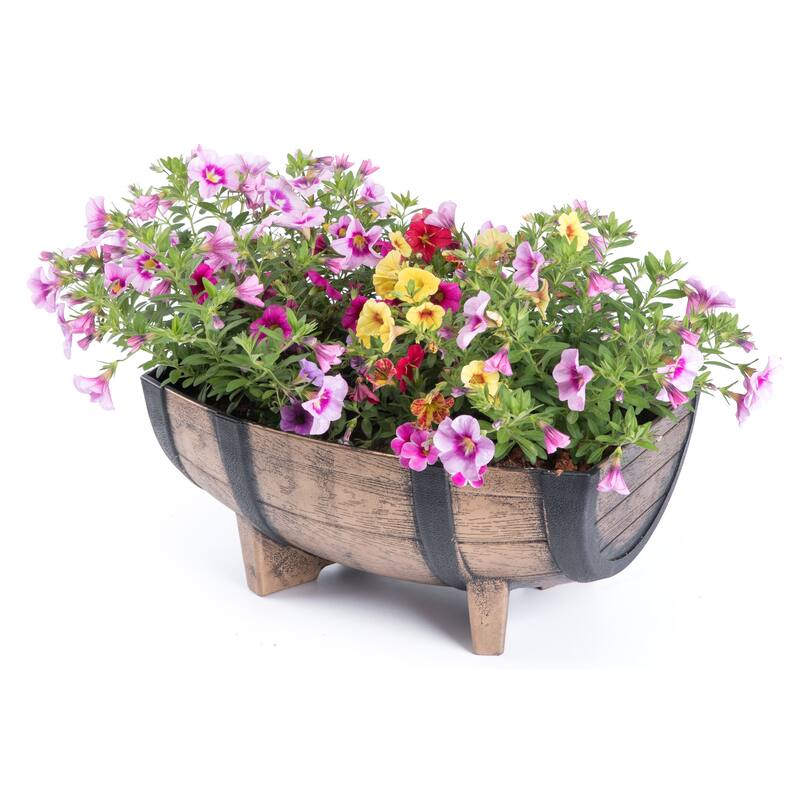 Gardenised 2-Piece Rectangular Half Barrel Flower Pots Rustic Farmhouse Style Faux Wood Planter Containers for Indoor & Outdoor