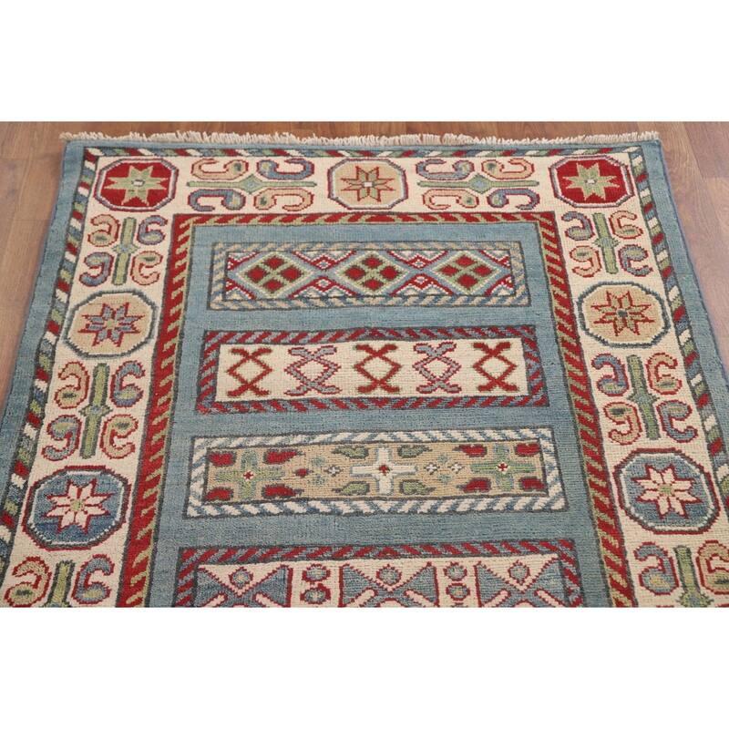 Blue Geometric Kazak Runner Rug Hand-Knotted Traditional Wool Carpet - 3'4" x 16'4"