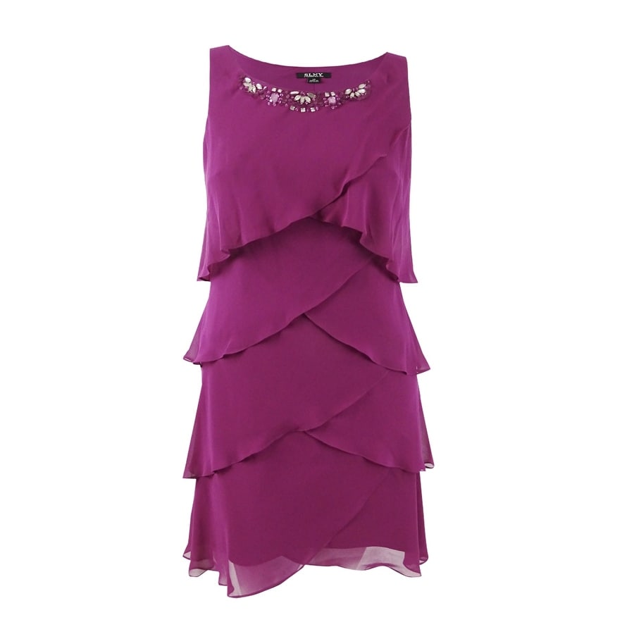 sl fashions embellished tiered chiffon dress & capelet
