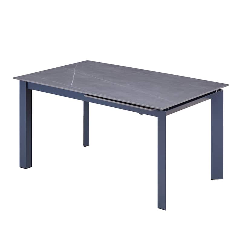 HomeRoots 55" Gray Ceramic and Metal Self-Storing Leaf Extendable Dining Table - 55.00 in. x 29.50 in. x 35.50 in.