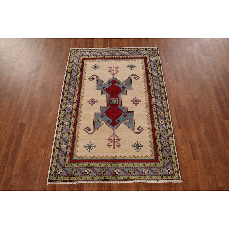 Oriental Beige Kazak Area Rug Handmade Wool Carpet - 4'1" x 6'0"