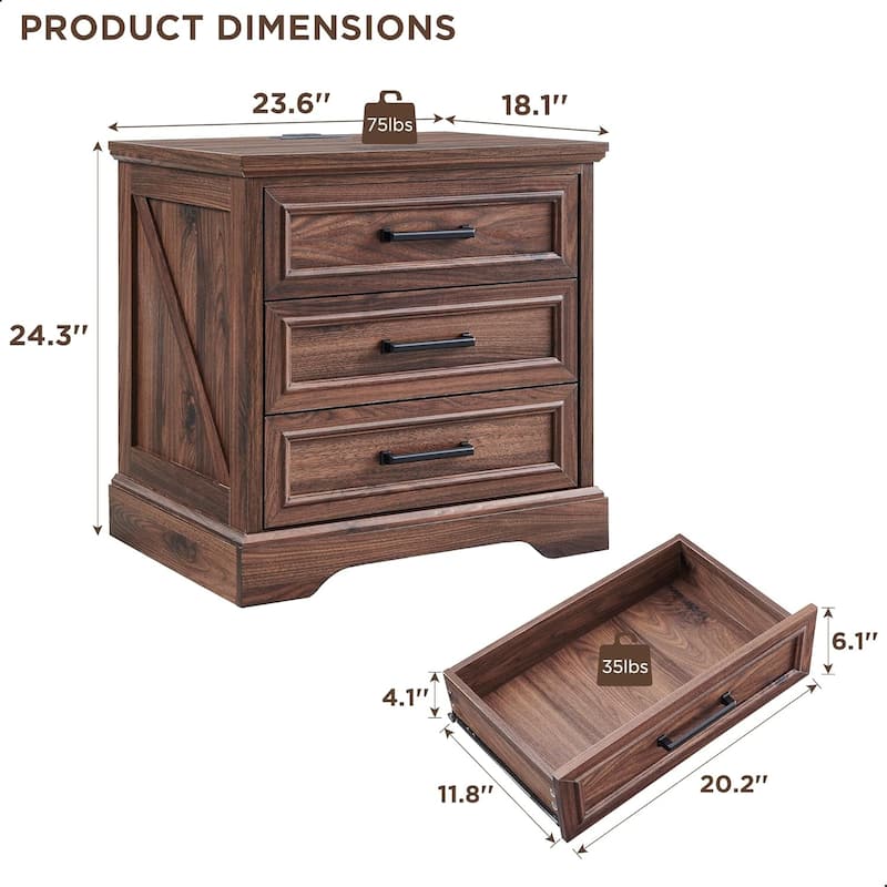 Farmhouse 3-Drawer Nightstand, Wide End Table with Charging Station